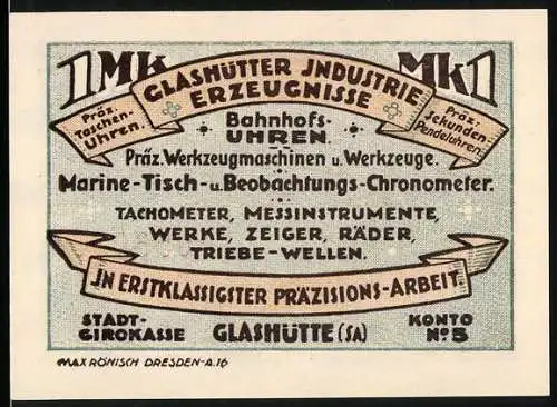 Notgeld Glashütte 1921, 1 Mark, Glashütter Industrie Erzeugnisse und Stadt-Sparkasse