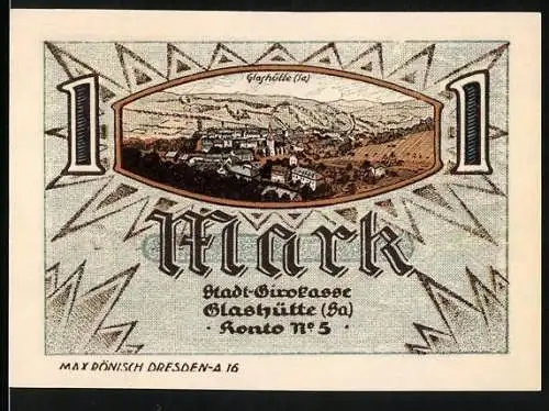Notgeld Glashütte (Sa), 1921, 1 Mark, Stadtansicht mit Uhr in der Mitte und Seriennummer 046851