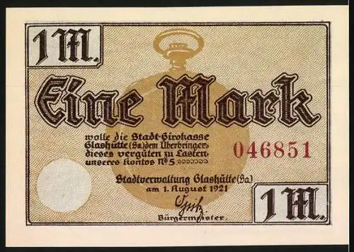 Notgeld Glashütte (Sa), 1921, 1 Mark, Stadtansicht mit Uhr in der Mitte und Seriennummer 046851