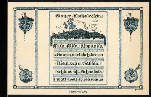 Notgeld Glatz, 1921, 25 Pfennig, Gutschein der Stadt Glatz mit Volksliedlein und Gänsemotiv