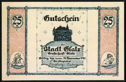Notgeld Glatz, 1921, 25 Pfennig, Gutschein der Stadt Glatz mit Volksliedlein und Gänsemotiv
