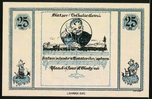 Notgeld Glatz, 1921, 25 Pf, Stadtansicht und Volksliedgrafik, gültig bis 31. Dezember 1921