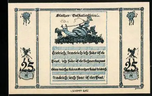 Notgeld Glatz 1921, 25 Pfennig, Gutschein der Stadt Glatz mit Volkslied und Illustration