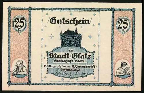 Notgeld Glatz 1921, 25 Pfennig, Gutschein der Stadt Glatz mit Volkslied und Illustration