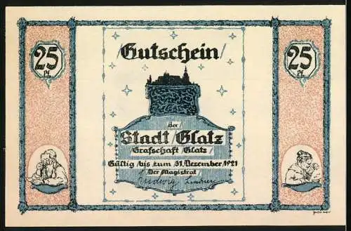 Notgeld Glatz, 1921, 25 Pf, Gutschein der Stadt Glatz, Grafschaft Glatz, gültig bis zum 31. Dezember 1921