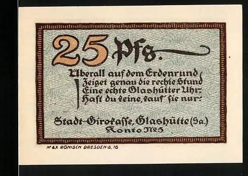Notgeld Glashütte 1921, 25 Pfennig, Stadt-Girokasse, Seriennummer 030859
