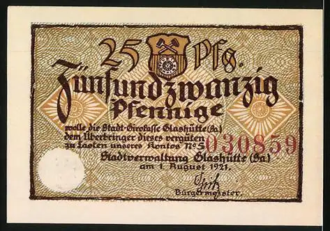 Notgeld Glashütte 1921, 25 Pfennig, Stadt-Girokasse, Seriennummer 030859