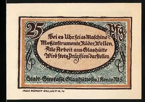 Notgeld Glashütte 1921, 25 Pfennig, Uhrmacherkunst und Seriennummer 035734