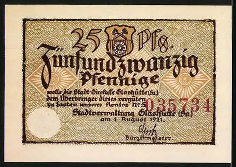 Notgeld Glashütte 1921, 25 Pfennig, Uhrmacherkunst und Seriennummer 035734