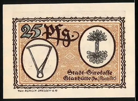 Notgeld Glashütte 1921, 25 Pfennig, Braunes Muster und Stadtwappen, Seriennummer 040816