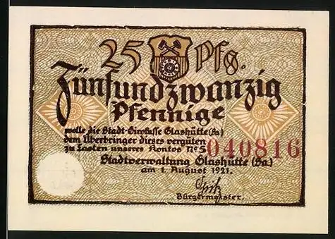 Notgeld Glashütte 1921, 25 Pfennig, Braunes Muster und Stadtwappen, Seriennummer 040816