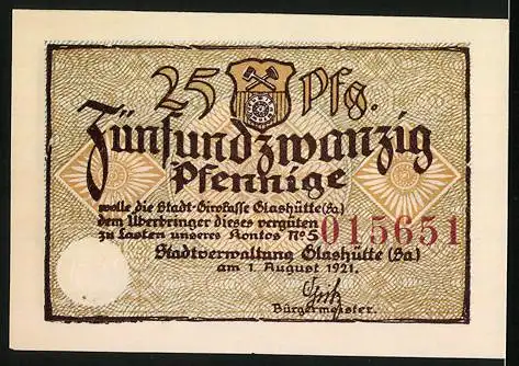 Notgeld Glashütte 1921, 25 Pfennig, Sternwarte und Uhr, Seriennummer 015651