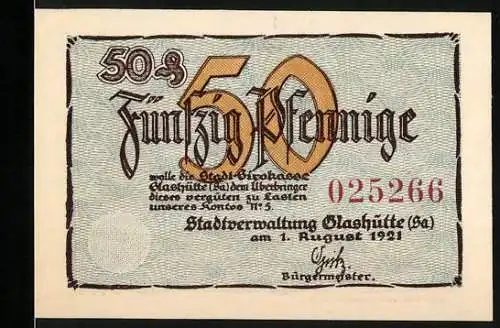 Notgeld Glashütte 1921, 50 Pfennig, Rathaus Illustration und Taschenuhr, Seriennummer 025266