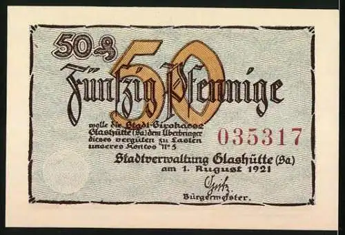 Notgeld Glashütte 1921, 50 Pfennig, Uhr und Inschrift Eins, zwei, drei im Sauseschritt Vorderseite, Seriennummer