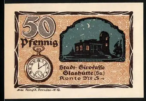 Notgeld Glashütte 1921, 50 Pfennig, Sternwarte und Uhr, Seriennummer 015390