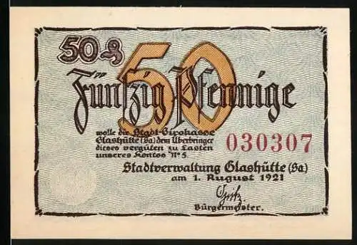 Notgeld Glashütte 1921, 50 Pfennig, Deutsche Uhrmacherschule und Stadtverwaltung Glashütte