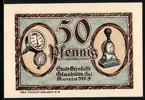 Notgeld Glashütte 1921, 50 Pfennig, Vorderseite mit Uhrenabbildungen und Rückseite mit Text und Seriennummer