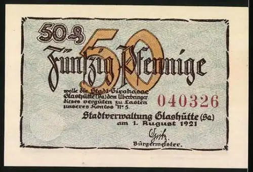 Notgeld Glashütte 1921, 50 Pfennig, Vorderseite mit Uhrenabbildungen und Rückseite mit Text und Seriennummer