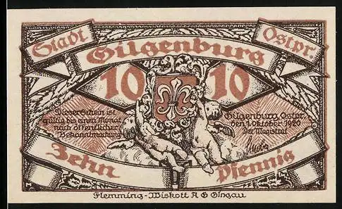 Notgeld Gilgenburg 1920, 10 Pfennig, Stadtwappen und Schloss Gilgenburg im 16. Jahrhundert