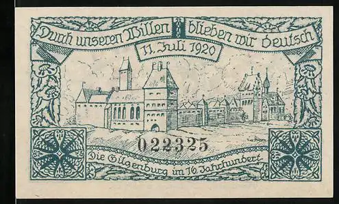 Notgeld Gilgenburg, 1920, 25 Pfennig, Illustration der Gilgenburg aus dem 16. Jahrhundert und Wappen der Stadt