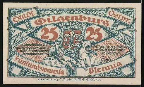 Notgeld Gilgenburg, 1920, 25 Pfennig, Illustration der Gilgenburg aus dem 16. Jahrhundert und Wappen der Stadt