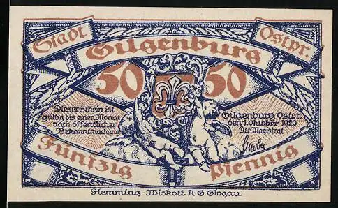 Notgeld Gilgenburg, 1920, 50 Pfennig, Stadtansicht und Wappen, Aufschrift Durch unseren Willen bleiben wir deutsch