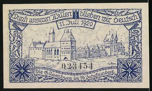 Notgeld Gilgenburg, 1920, 50 Pfennig, Stadtansicht und Wappen, Aufschrift Durch unseren Willen bleiben wir deutsch