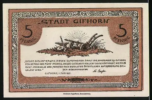 Notgeld Gifhorn 1921, 5 Pfennig, Landschaft mit Bauer und landwirtschaftlichen Werkzeugen