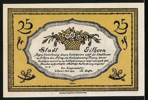 Notgeld Gifhorn, 1921, 25 Pfennig, Stadtansicht mit Kirche und Fachwerkhäusern, Rückseite mit Blumenkorb und Text