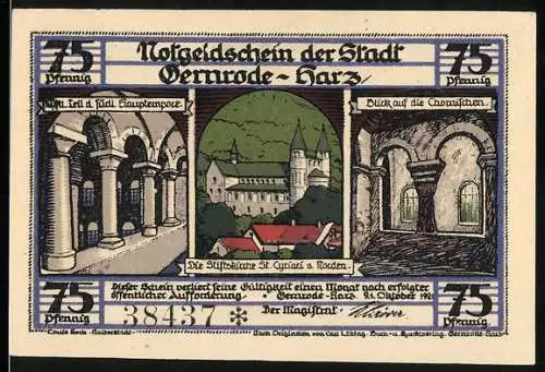 Notgeld Gernrode Harz, 1921, 75 Pfennig, Stiftskirche St. Cyriakus, Hauptschiff mit Hochaltar, Sakristei und Busskapelle