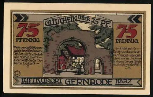 Notgeld Gernrode Harz, 1921, 75 Pfennig, historische Gebäude und Gedichte, Seriennummer 69787