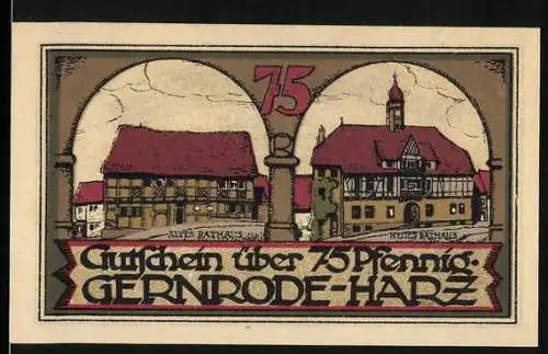 Notgeld Gernrode Harz, 1921, 75 Pfennig, altes und neues Rathaus, Rückseite mit Text und Serienschein-Nr. 68164