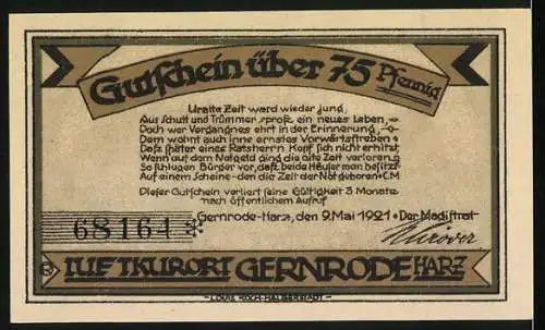 Notgeld Gernrode Harz, 1921, 75 Pfennig, altes und neues Rathaus, Rückseite mit Text und Serienschein-Nr. 68164