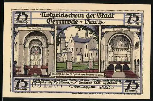 Notgeld Gernrode-Harz, 1921, 75 Pfennig, Abbildungen der Stiftskirche St. Cyriakus und Kapelle des heiligen Grabes