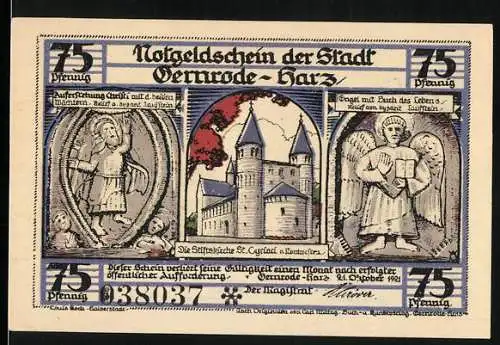 Notgeld Gernrode-Harz, 1921, 75 Pfennig, Stadtansicht der Stiftskirche St. Cyriakus mit Illustrationen von Goethe und Bi