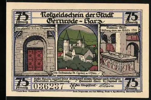 Notgeld Gernrode-Harz, 75 Pfennig, Stiftskirche St. Cyriakus, Hauptportal, Grabmal und Kreuzesarme-Quadratraum