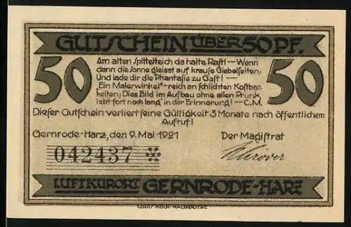 Notgeld Gernrode-Harz 1921, 50 Pfennig, Stadtansicht und Text über die Gültigkeit