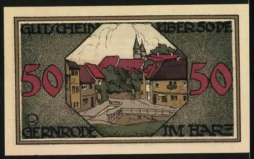 Notgeld Gernrode-Harz 1921, 50 Pfennig, Stadtansicht und Text über die Gültigkeit