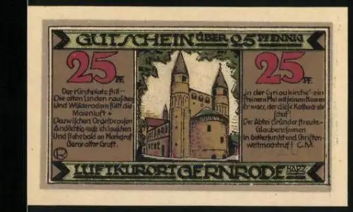 Notgeld Gernrode 1921, 25 Pfennig, Abbildung der Kirche und Inschrift Luftkurort Gernrode Harz
