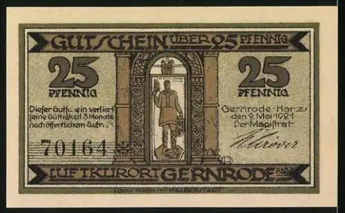 Notgeld Gernrode 1921, 25 Pfennig, Abbildung der Kirche und Inschrift Luftkurort Gernrode Harz