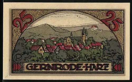 Notgeld Gernrode-Harz, 9. Mai 1921, 25 Pfennig, Landschaftsansicht mit Stadt und Gedicht auf Rückseite