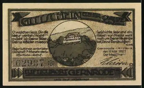 Notgeld Gernrode-Harz, 9. Mai 1921, 25 Pfennig, Landschaftsansicht mit Stadt und Gedicht auf Rückseite