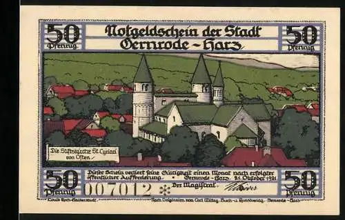 Notgeld Gernrode 1921, 50 Pfennig, Stadtansicht und Architekturansichten der Stiftskirche St. Cyriakus