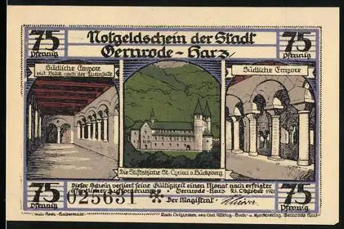 Notgeld Gernrode / Harz, 1921, 75 Pfennig, Stiftskirche St. Cyriakus und Innenraumansichten mit Zitaten von