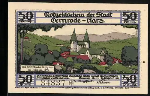 Notgeld Gernrode / Harz, 1921, 50 Pfennig, Stiftskirche St. Cyriak Klosterunterteil und Kreuzgangillustration