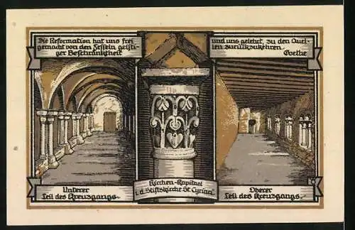 Notgeld Gernrode / Harz, 1921, 50 Pfennig, Stiftskirche St. Cyriak Klosterunterteil und Kreuzgangillustration