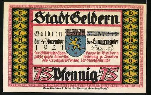 Notgeld Geldern 1921, 75 Pfennig, Drachengeld mit Scherenschnitt von Schmiedeszene und Wappen der Stadt