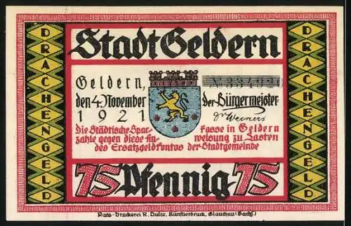 Notgeld Geldern 1921, 75 Pfennig, Drachen und Szenen mit Personen und Text