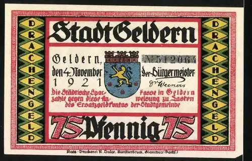 Notgeld Geldern 1921, 75 Pfennig, Stadtwappen und Drachenmotiv
