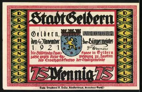Notgeld Geldern 1921, 75 Pfennig, Stadtwappen und Drachenkampf-Szene